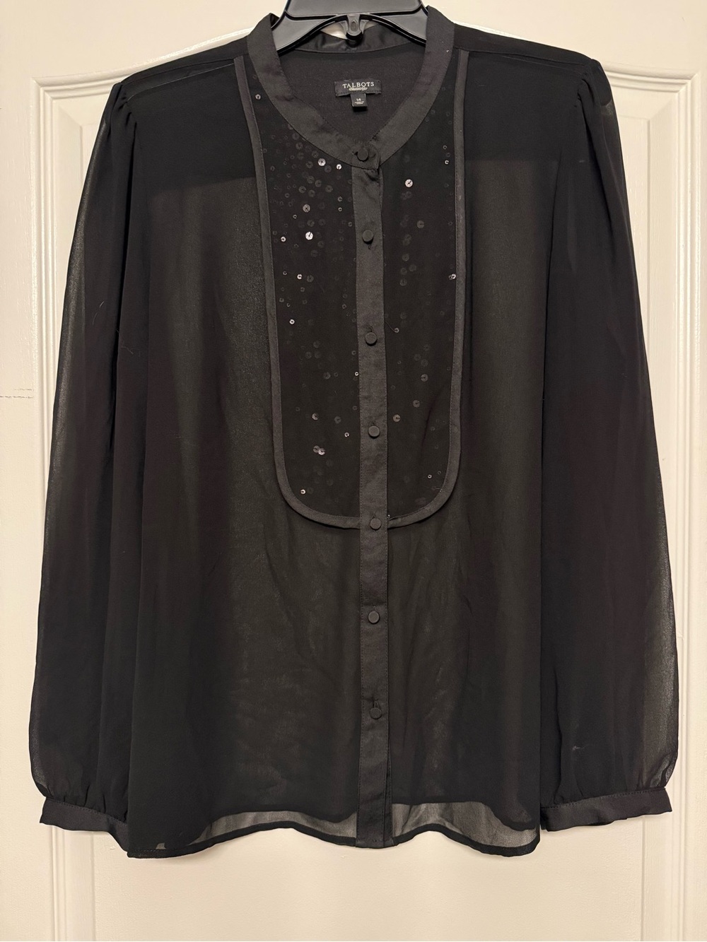 Talbots Black Sequin Bib Blouse Size 14 Sheer Long Sleeve Career Party Top